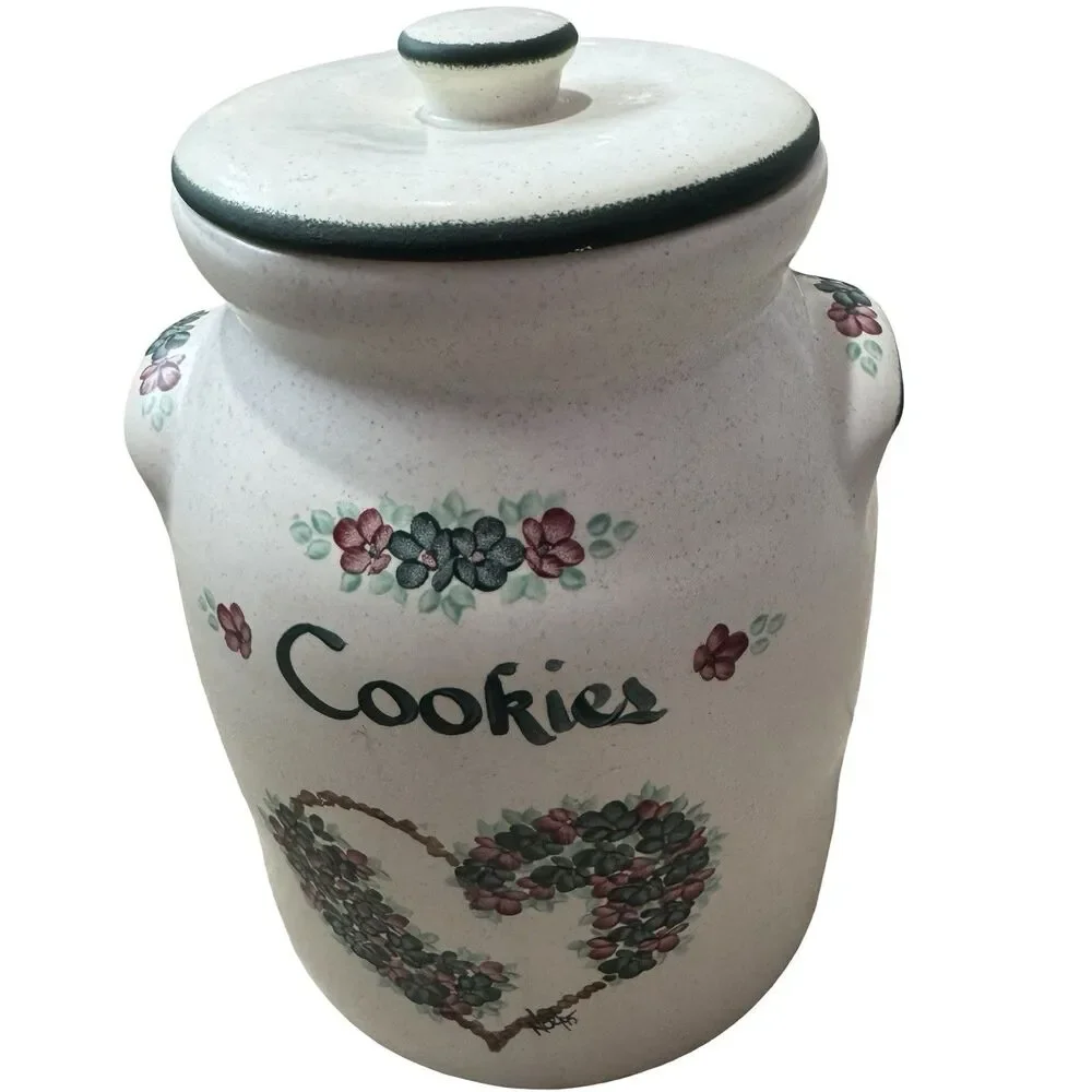 Vintage Crock  Stoneware Pottery Homemade Cookies Cookie Jar Floral Heart Large